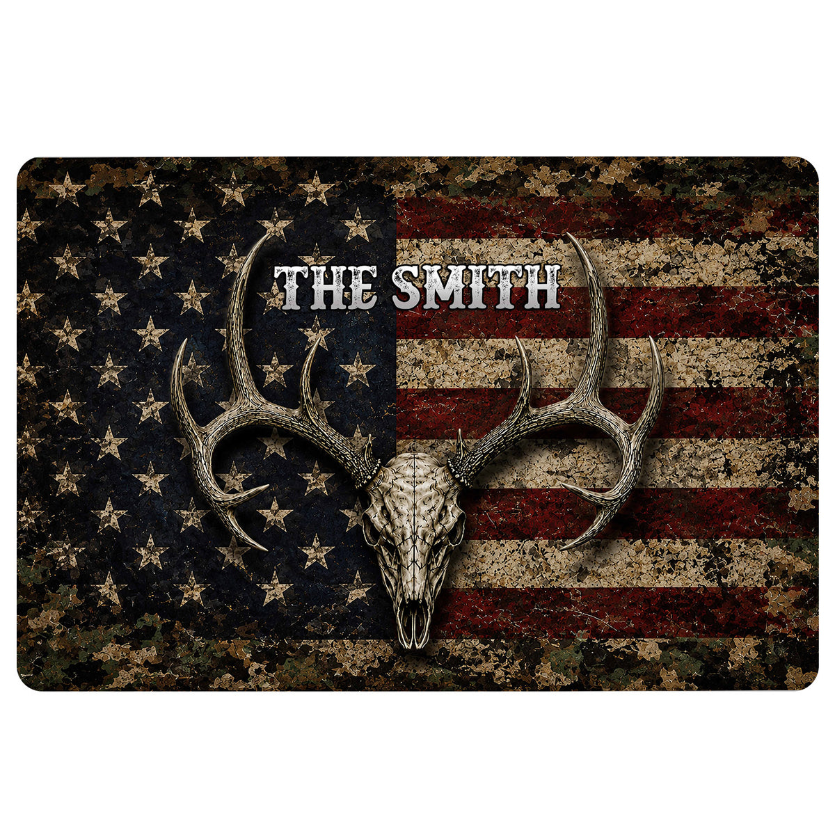 Hunting doormat with an antlered deer skull, rustic American flag design, stars, stripes and bold lettering