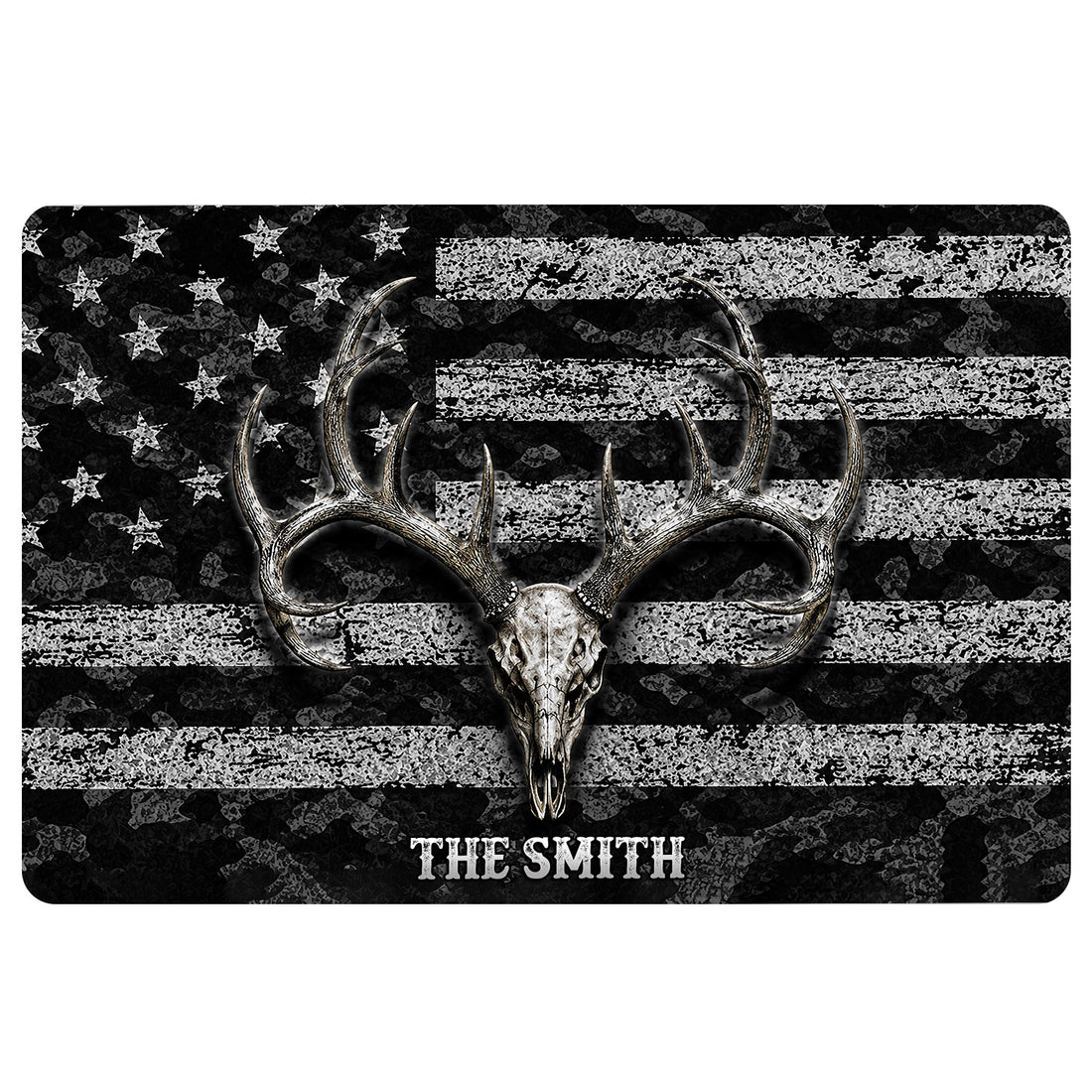 Hunting doormat with deer skull and antlers over a distressed black and white flag-inspired pattern