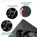 Close-up view of the hunting doormat artwork and dark rubber backing in a product feature presentation