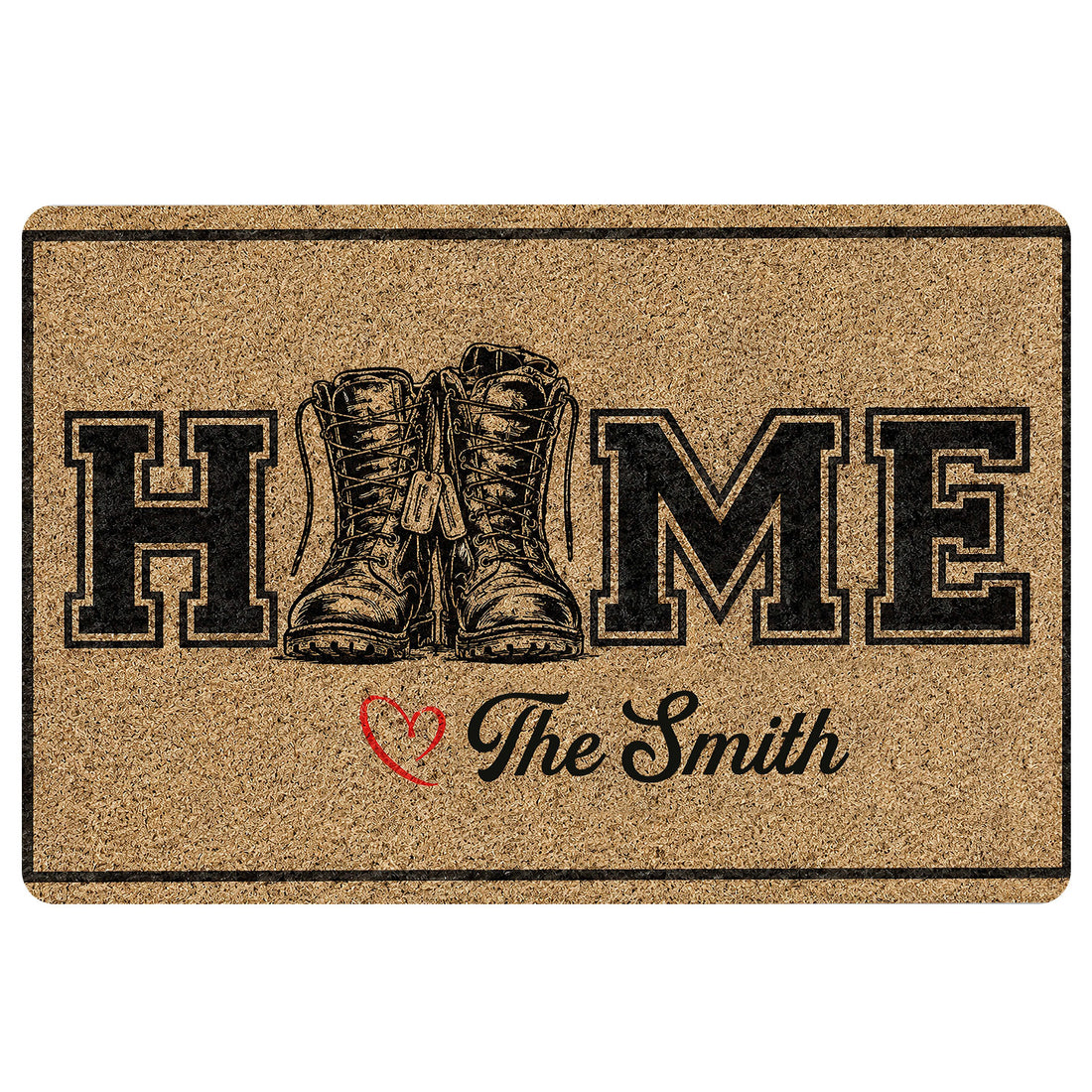 Veteran doormat with illustrated military boots, bold lettering, black border and tan distressed artwork