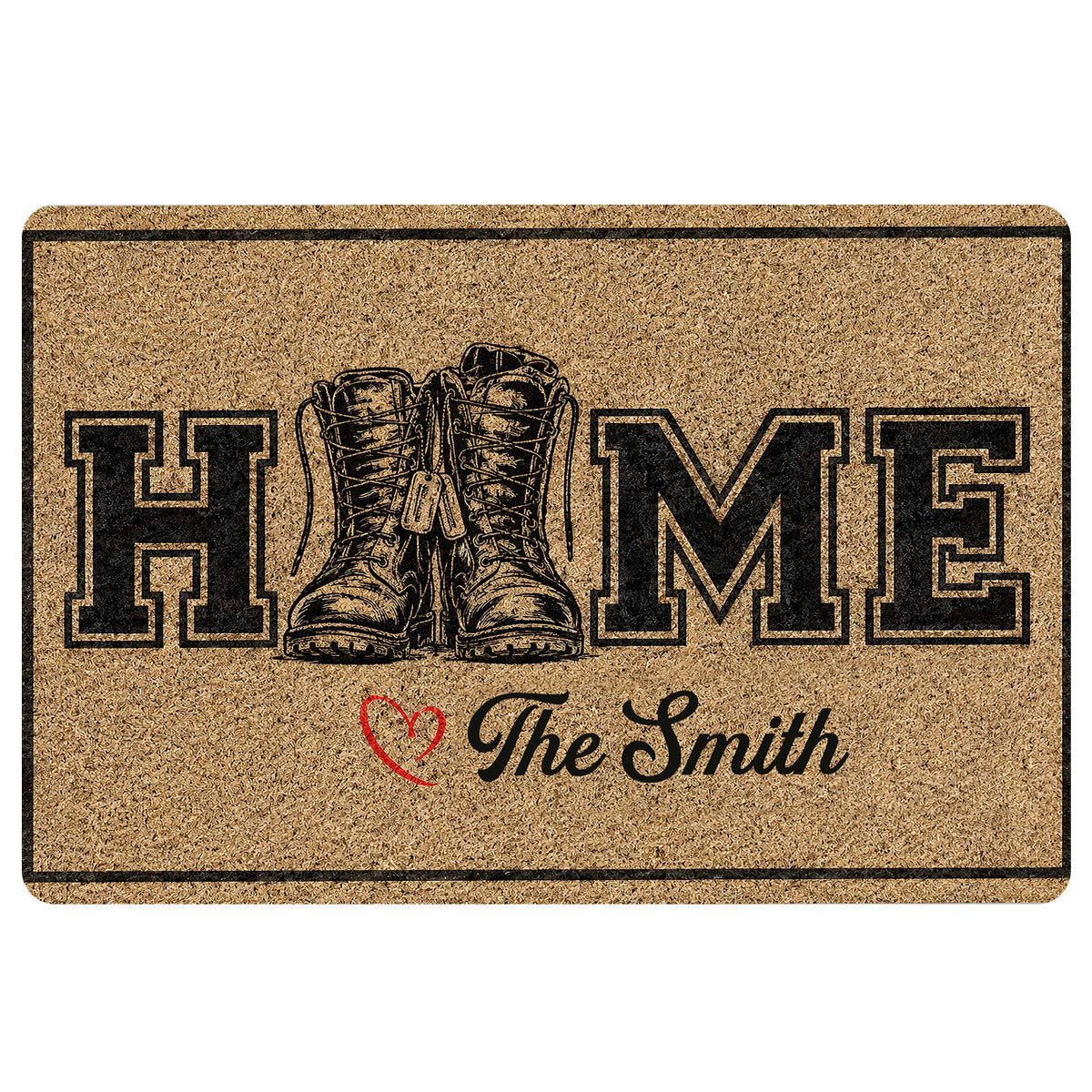 Veteran doormat with illustrated military boots, bold lettering, black border and tan distressed artwork