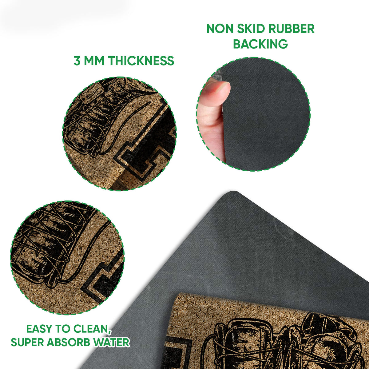 Close-up feature view of veteran doormat artwork with rubber backing and easy-clean surface details