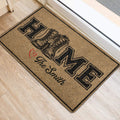 Military boot themed veteran rug placed at an indoor doorway on light wood flooring