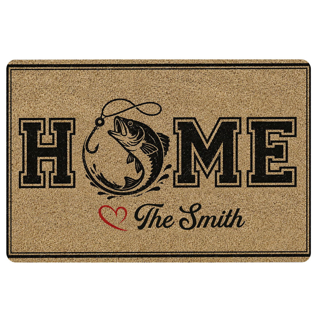 Fishing doormat with a leaping fish and hook illustration, bold home lettering, border, and heart accent