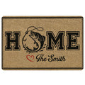 Fishing doormat with a leaping fish and hook illustration, bold home lettering, border, and heart accent