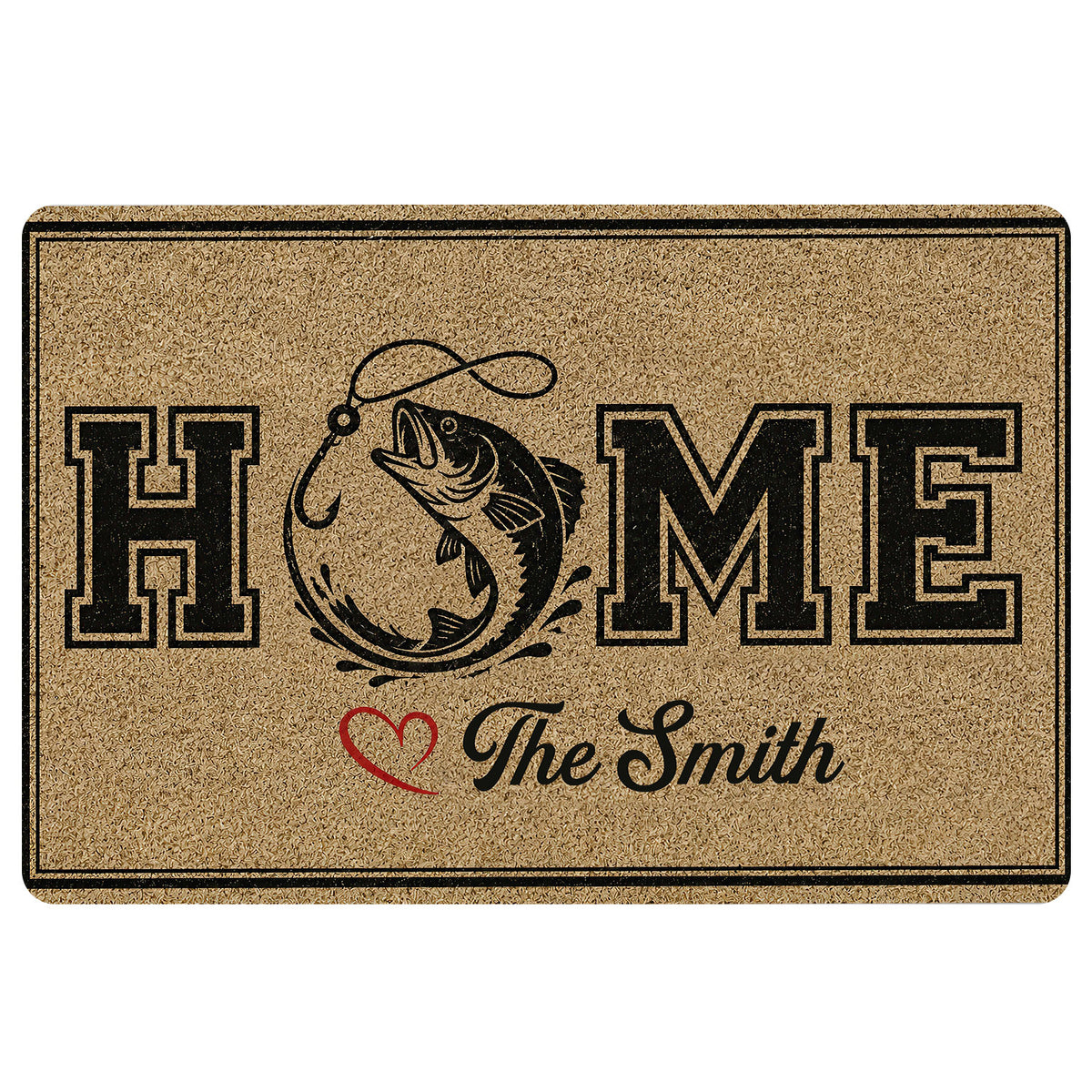 Fishing doormat with a leaping fish and hook illustration, bold home lettering, border, and heart accent