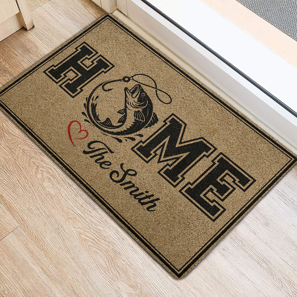 Fishing doormat placed beside a doorway, featuring a leaping fish, hook illustration, and large lettering