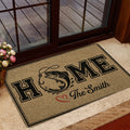 Fishing entryway rug shown near a glass door with a fish illustration, bold lettering, and decorative border