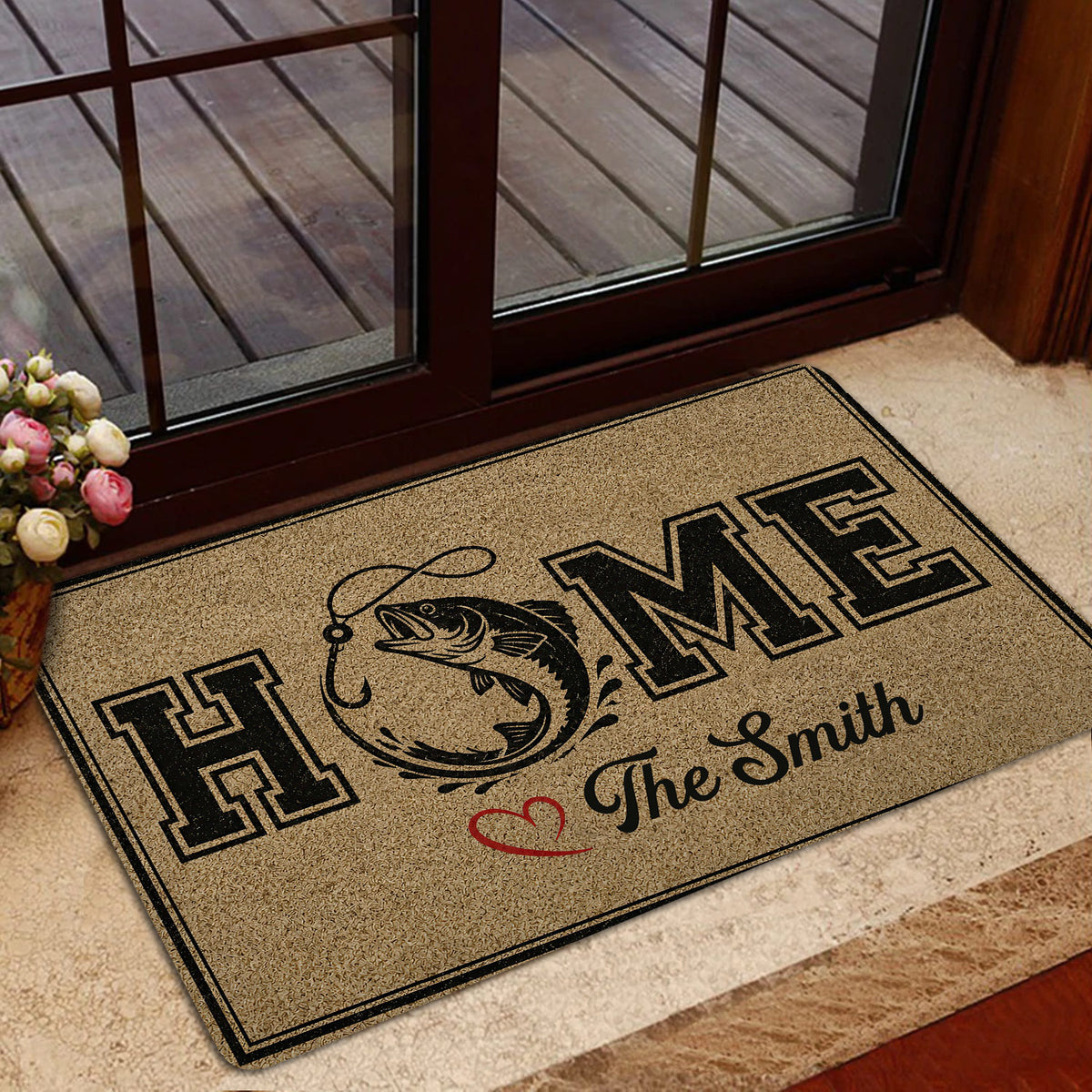 Fishing entryway rug shown near a glass door with a fish illustration, bold lettering, and decorative border
