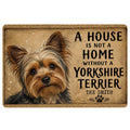 Yorkshire Terrier doormat with a warm sepia portrait, bold home message, paw print accents and rustic border