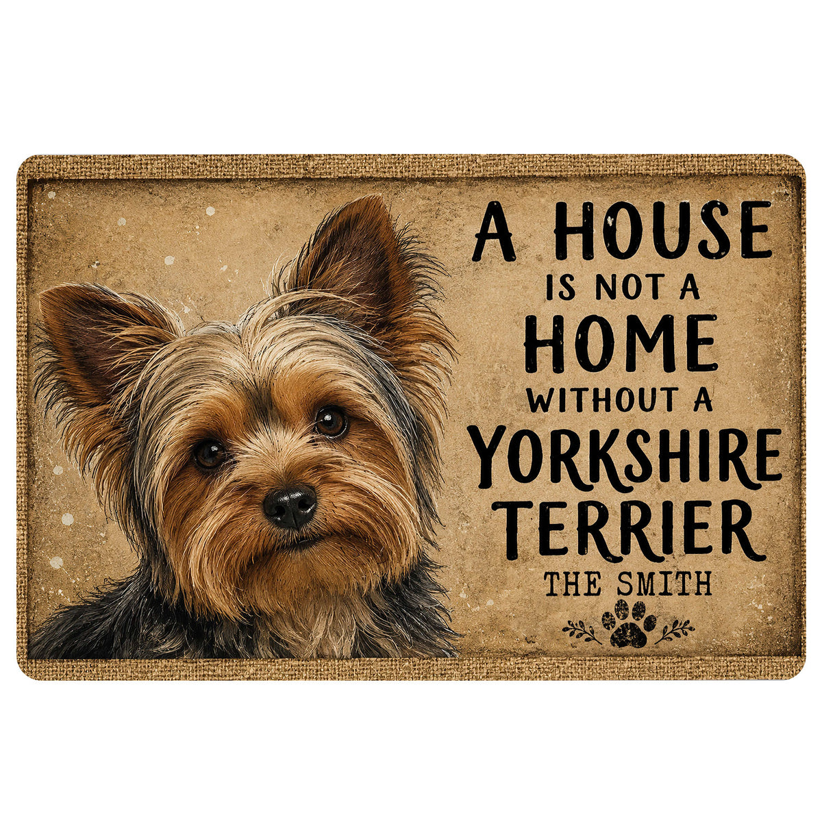 Yorkshire Terrier doormat with a warm sepia portrait, bold home message, paw print accents and rustic border