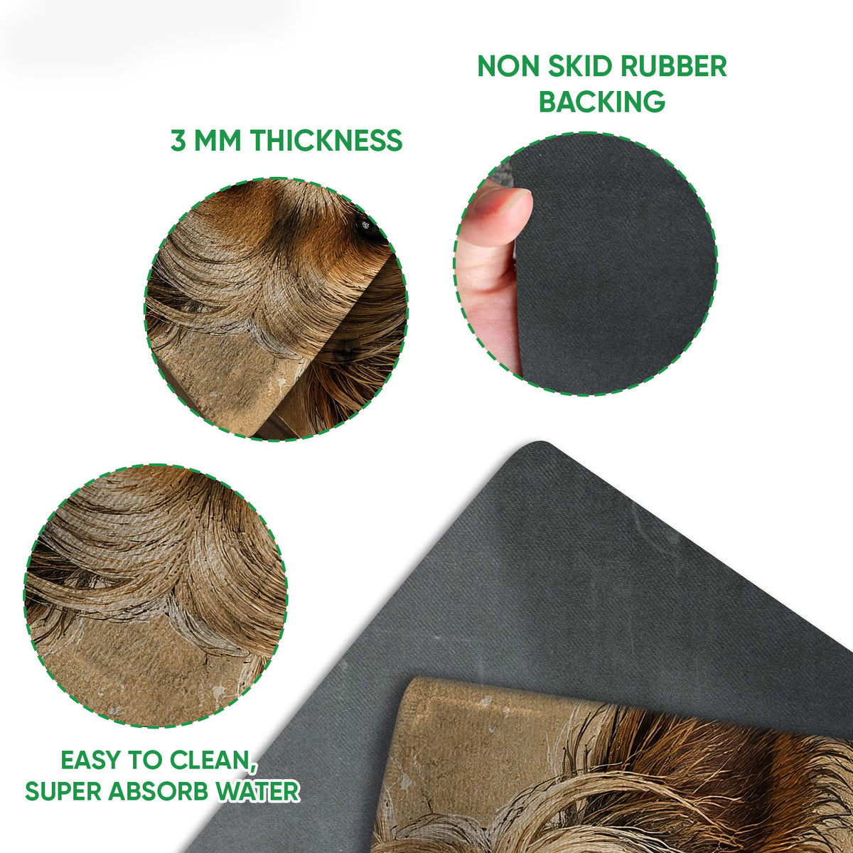 Yorkshire Terrier doormat detail showing the printed surface, thin profile and black rubber backing
