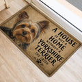 Yorkshire Terrier entryway mat displayed near a doorway with a detailed dog portrait and bold typography