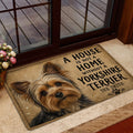 Yorkshire Terrier doormat placed by a glass door in a cozy home entrance with rustic neutral styling
