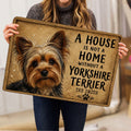 Yorkshire Terrier doormat held indoors, showing the full dog portrait, rustic design and paw print detail