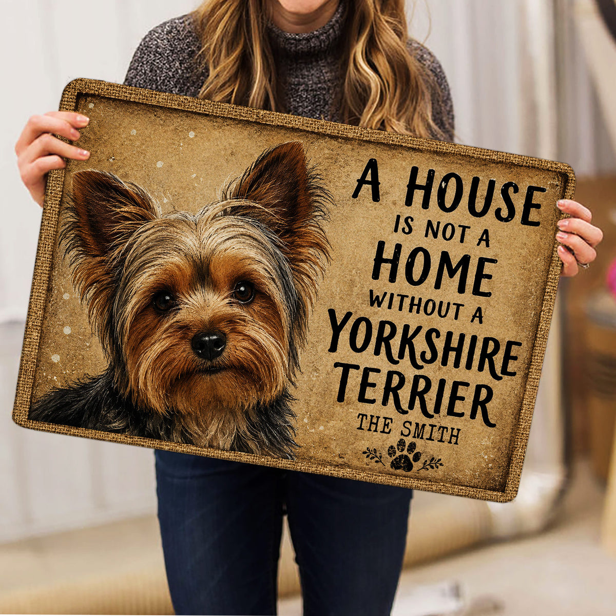 Yorkshire Terrier doormat held indoors, showing the full dog portrait, rustic design and paw print detail