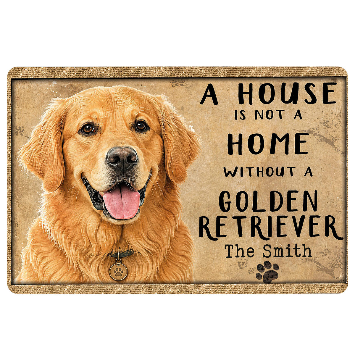 Golden Retriever doormat with a warm dog portrait, paw print accent, and welcoming home artwork