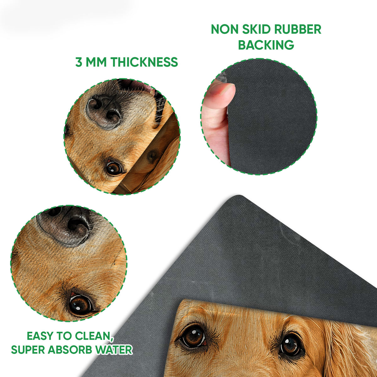 Close-up detail of Golden Retriever doormat artwork and dark rubber backing with feature callouts