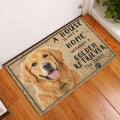 Golden Retriever entryway mat displayed by a white door on warm wood flooring