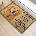 Golden Retriever rug positioned near a bright doorway with vintage-style welcoming artwork