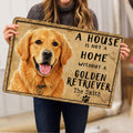 Person holding a Golden Retriever doormat featuring a friendly dog portrait and home-themed artwork
