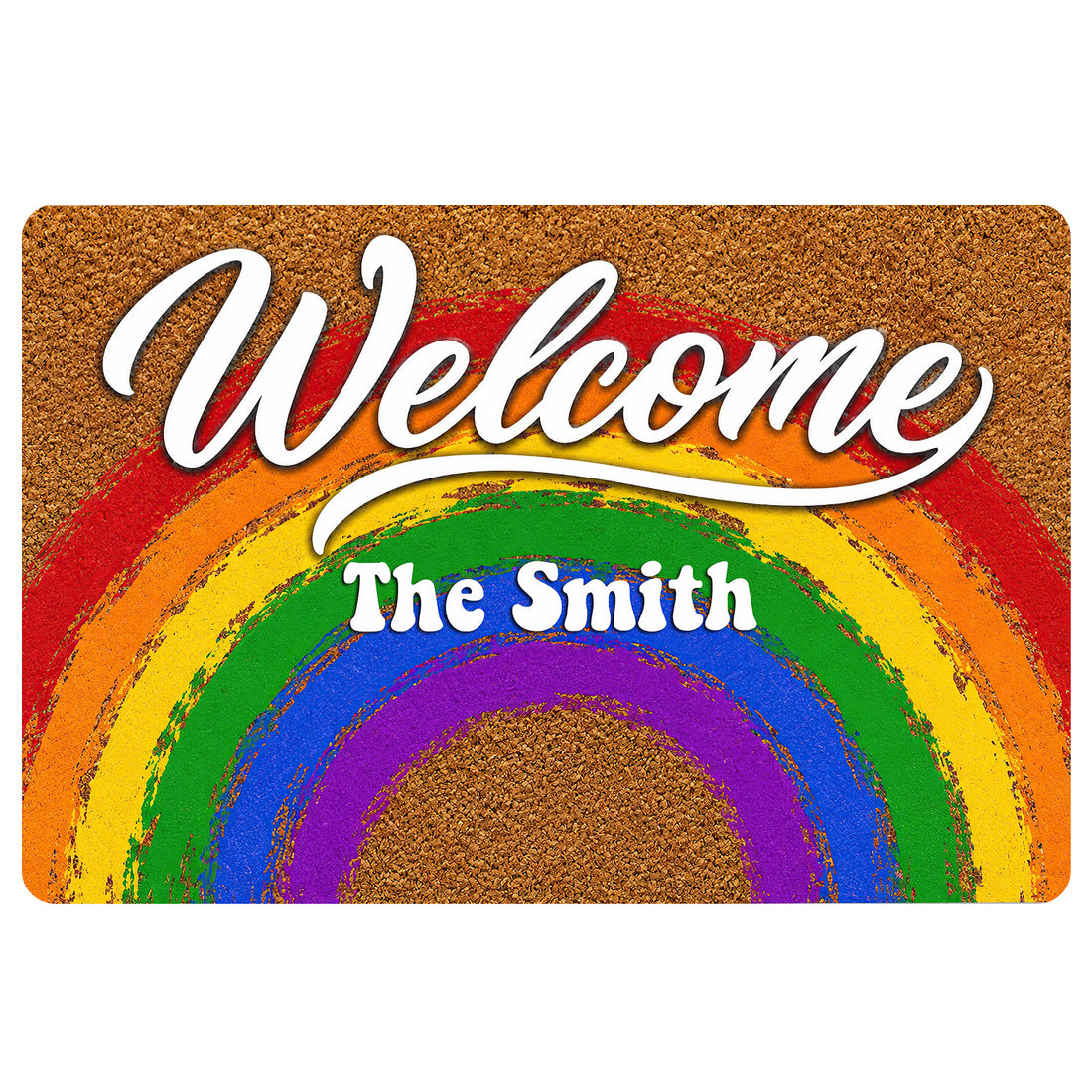 Rainbow Pride doormat with white Welcome lettering and a colorful arc design