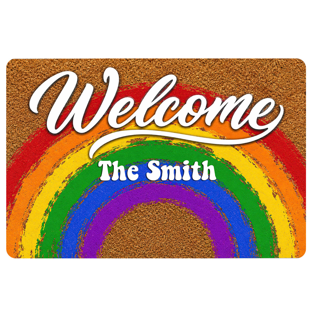 Rainbow Pride doormat with white Welcome lettering and a colorful arc design