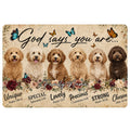 Goldendoodle doormat with six curly-coated dogs, butterflies, florals, and an inspirational faith-themed design