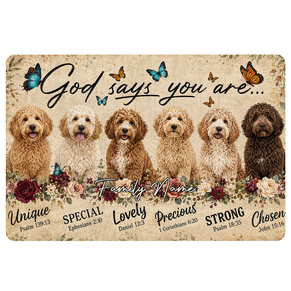 Goldendoodle doormat with six curly-coated dogs, butterflies, florals, and an inspirational faith-themed design