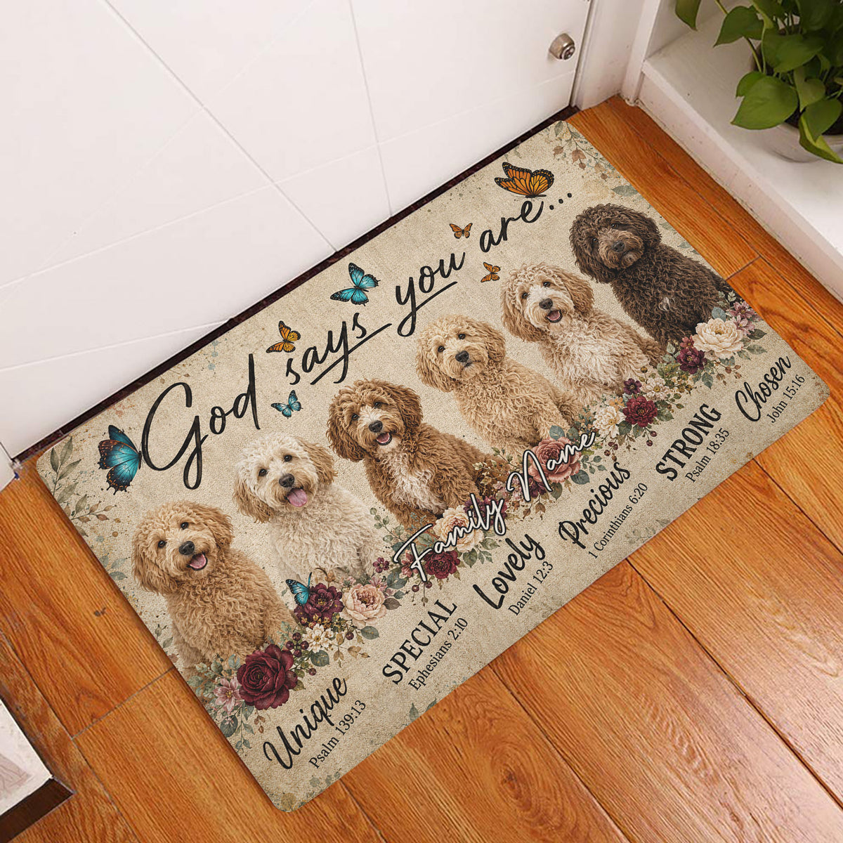 Goldendoodle entryway mat displayed beside a white door on a warm wood floor with floral and butterfly artwork