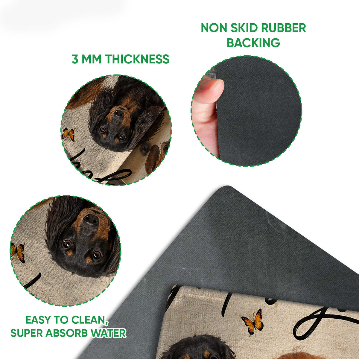 Close-up detail of the dachshund doormat surface and rubber backing with traction-focused construction