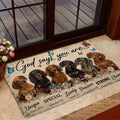 Dachshund door mat styled in a home entrance with floral borders, butterflies and faith-inspired artwork