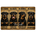 Rottweiler doormat featuring four illustrated dogs, bold motivational panels, and a warm brown vintage-style background