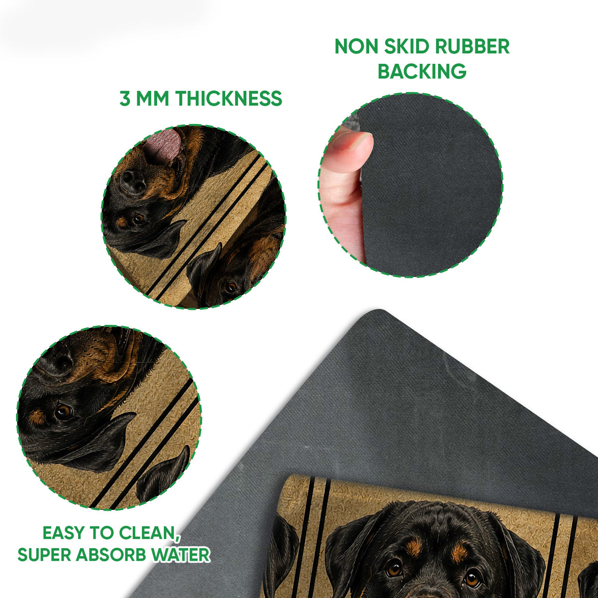 Rottweiler doormat feature graphic showing close-up artwork details and the rubber grip backing