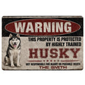 Vintage warning-sign Husky doormat with a black, red, and cream distressed design