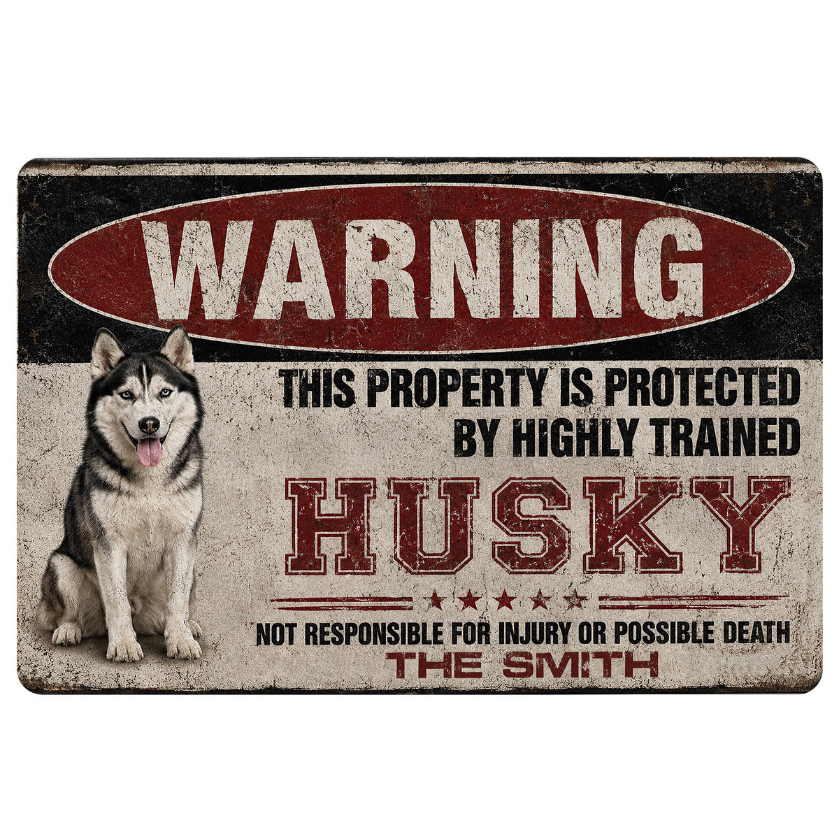 Vintage warning-sign Husky doormat with a black, red, and cream distressed design
