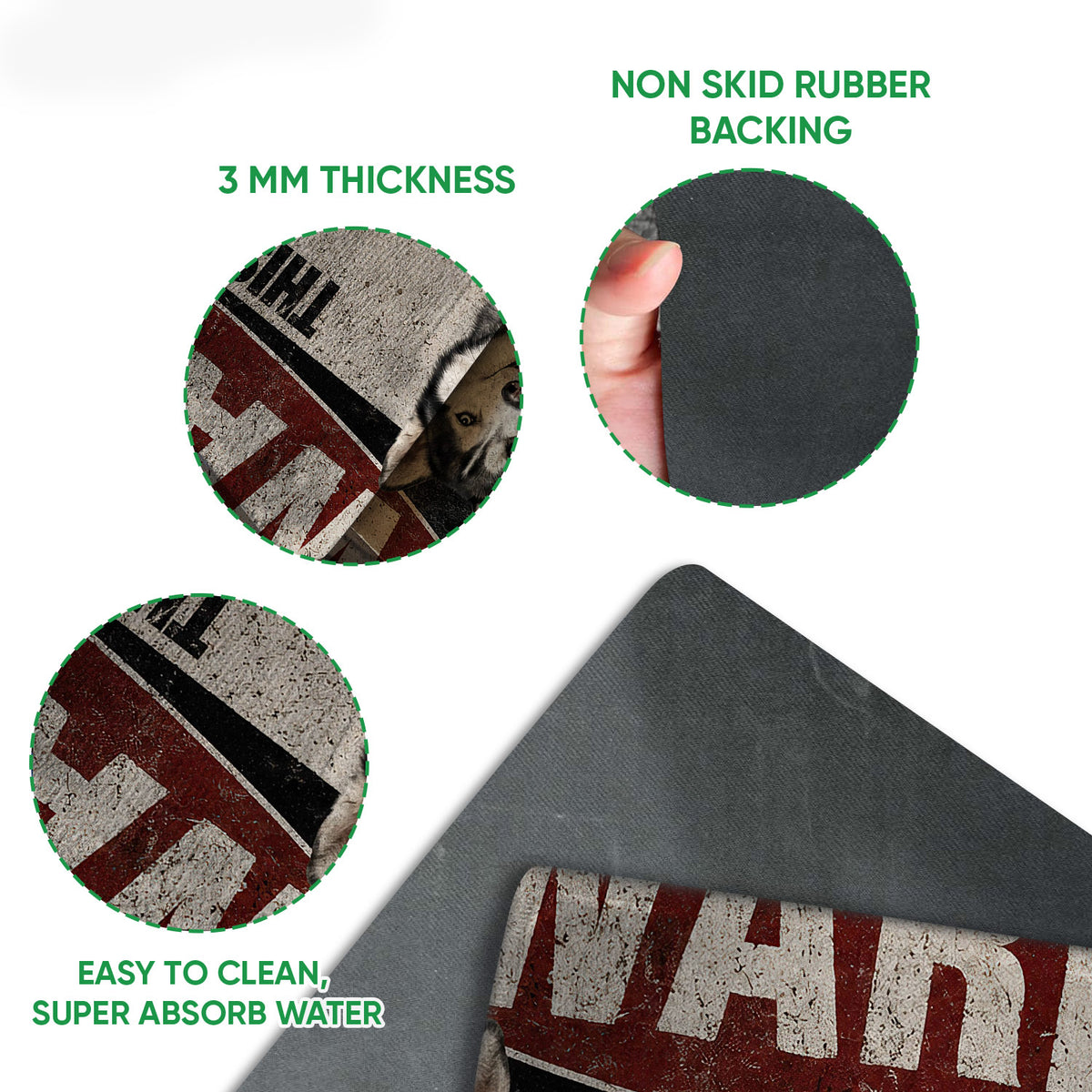Close-up of Husky doormat artwork with vintage warning graphics and rubber backing detail