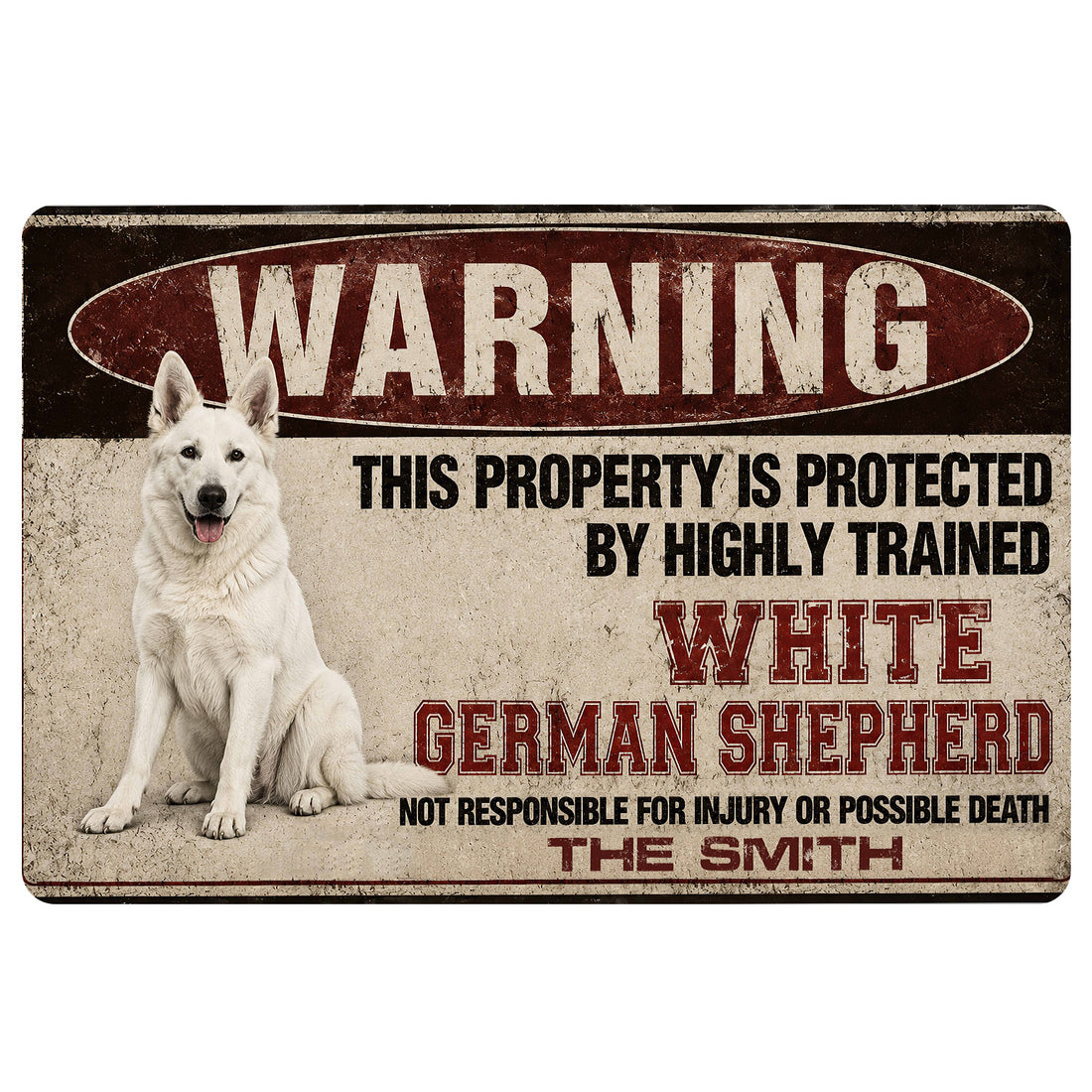 Vintage warning-style German Shepherd doormat design with a white dog and bold red, black and cream artwork