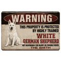 Vintage warning-style German Shepherd doormat design with a white dog and bold red, black and cream artwork