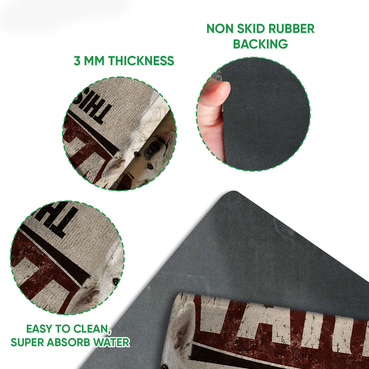 German Shepherd doormat detail showing the printed surface, rubber backing and easy-clean product construction