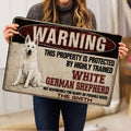 German Shepherd doormat held up indoors, showing the full vintage warning graphic and white dog illustration