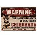 Chihuahua doormat with vintage warning sign artwork, dog illustration, paw prints and bold entryway lettering