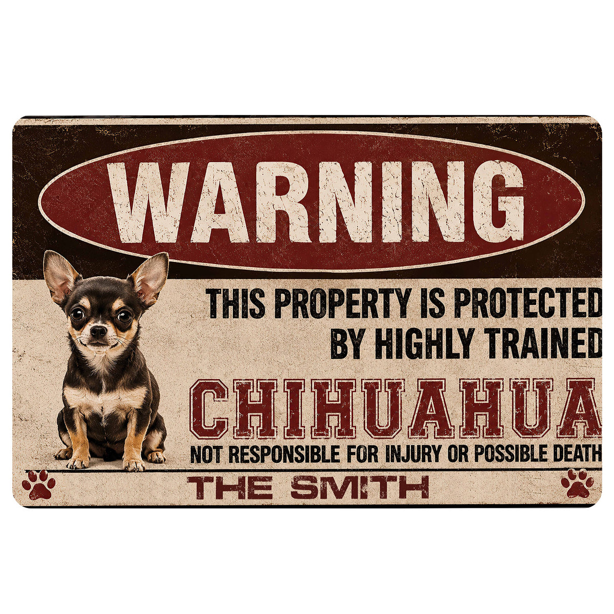 Chihuahua doormat with vintage warning sign artwork, dog illustration, paw prints and bold entryway lettering
