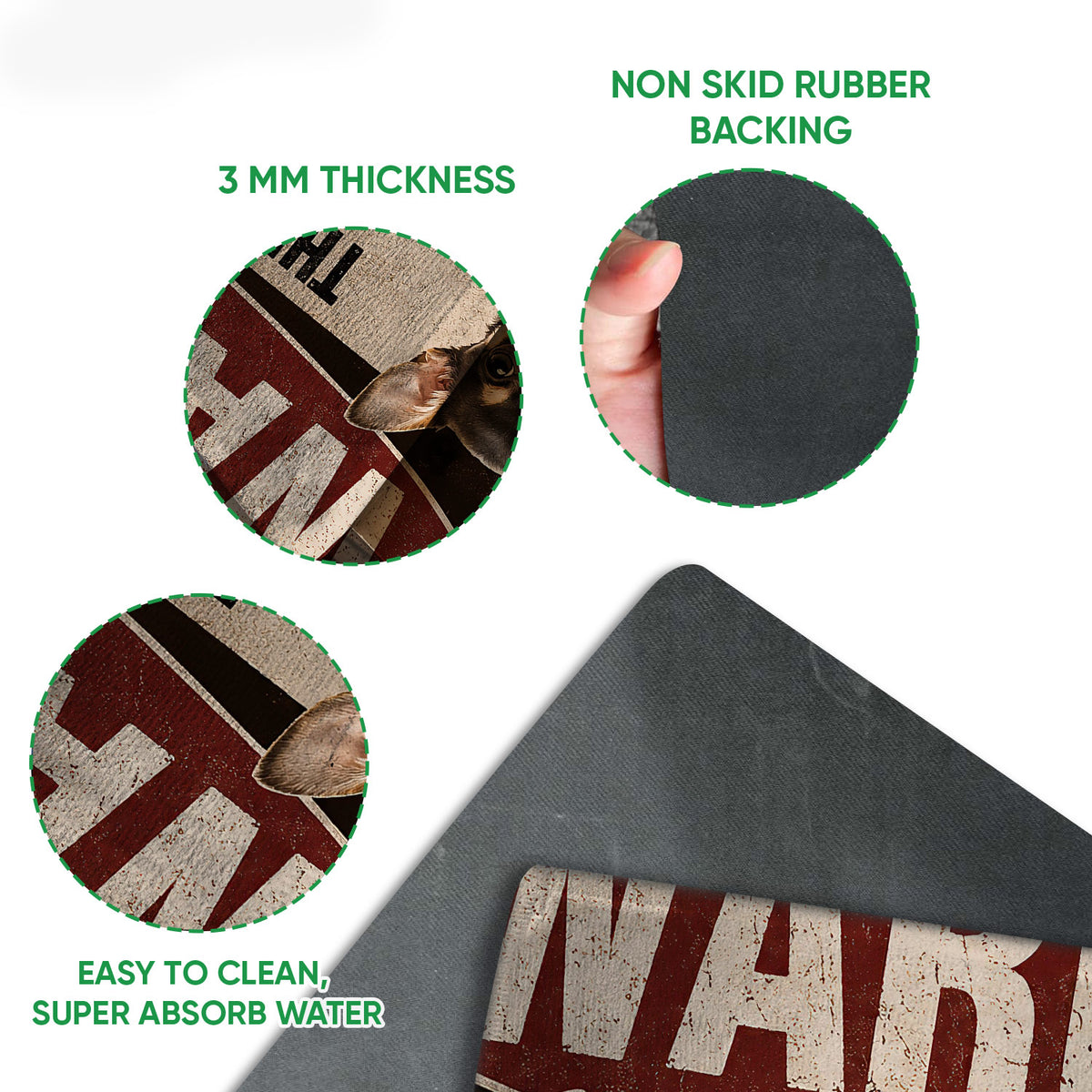 Close-up of Chihuahua doormat surface and rubber backing showing thickness and traction detail