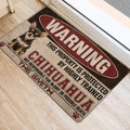 Chihuahua entryway rug displayed near a doorway with vintage red, black and cream artwork