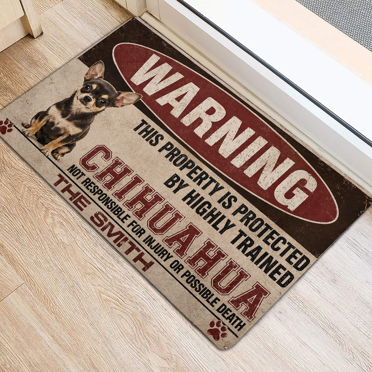 Chihuahua entryway rug displayed near a doorway with vintage red, black and cream artwork