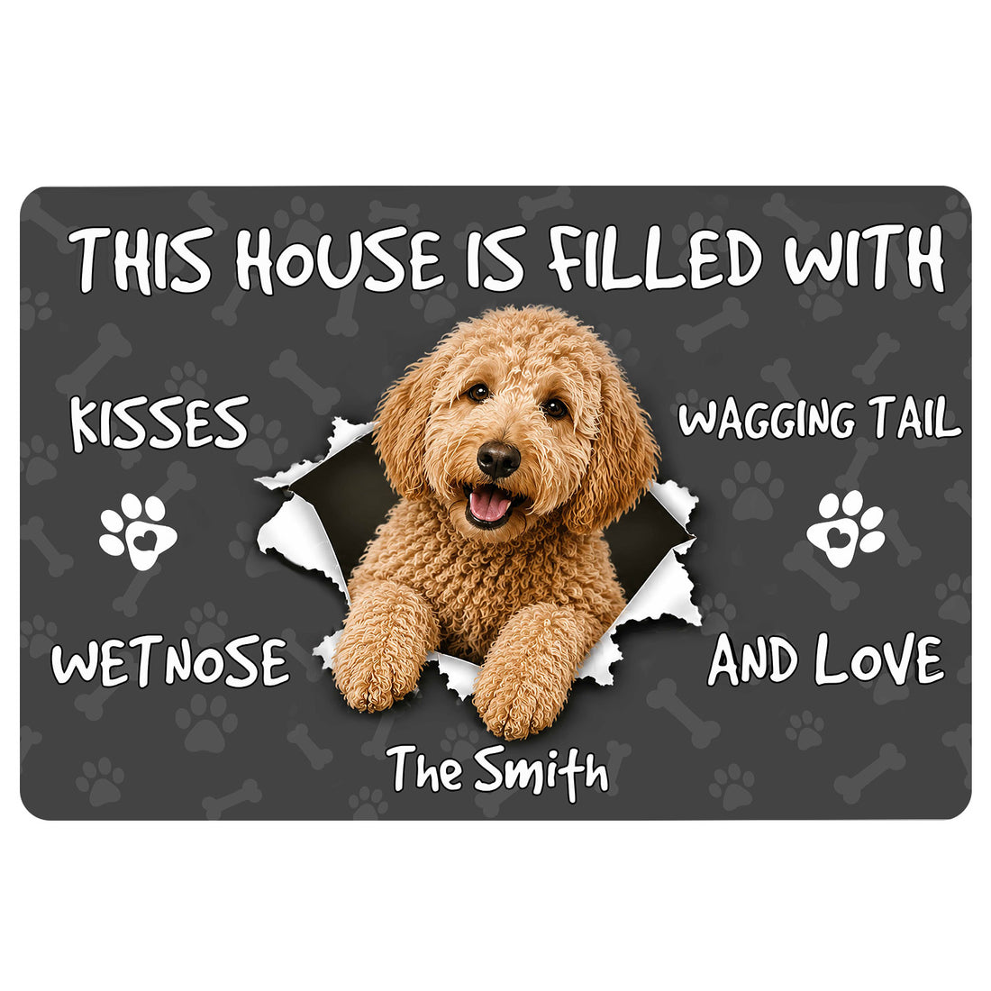 Goldendoodle doormat with a happy curly-haired dog, paw prints, bones and welcoming home message