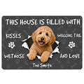 Goldendoodle doormat with a happy curly-haired dog, paw prints, bones and welcoming home message