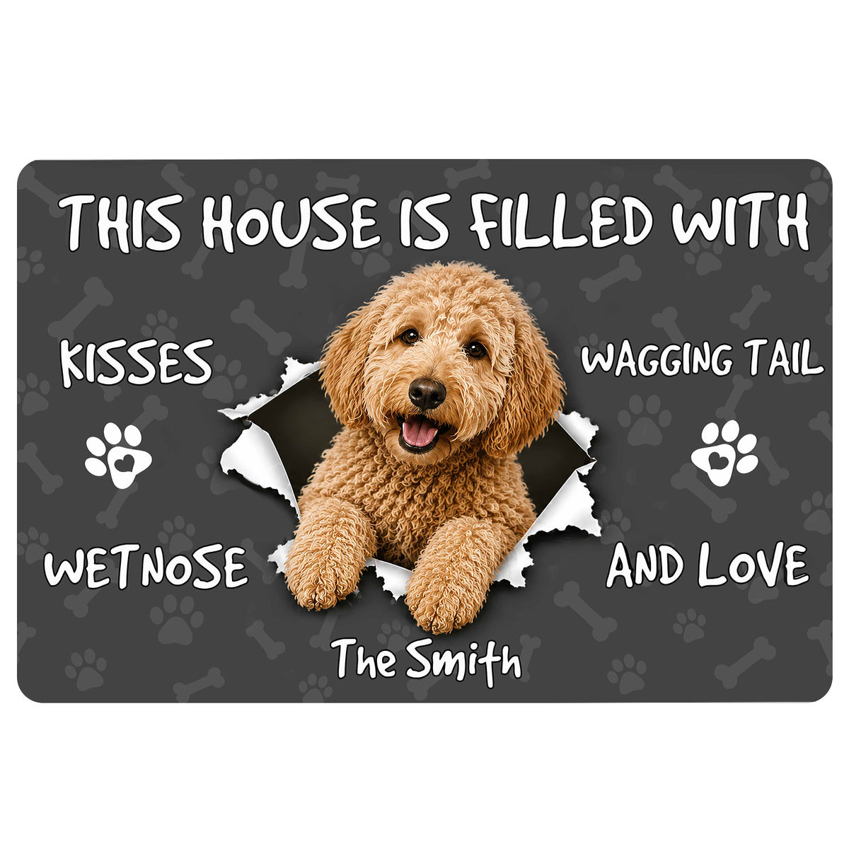 Goldendoodle doormat with a happy curly-haired dog, paw prints, bones and welcoming home message