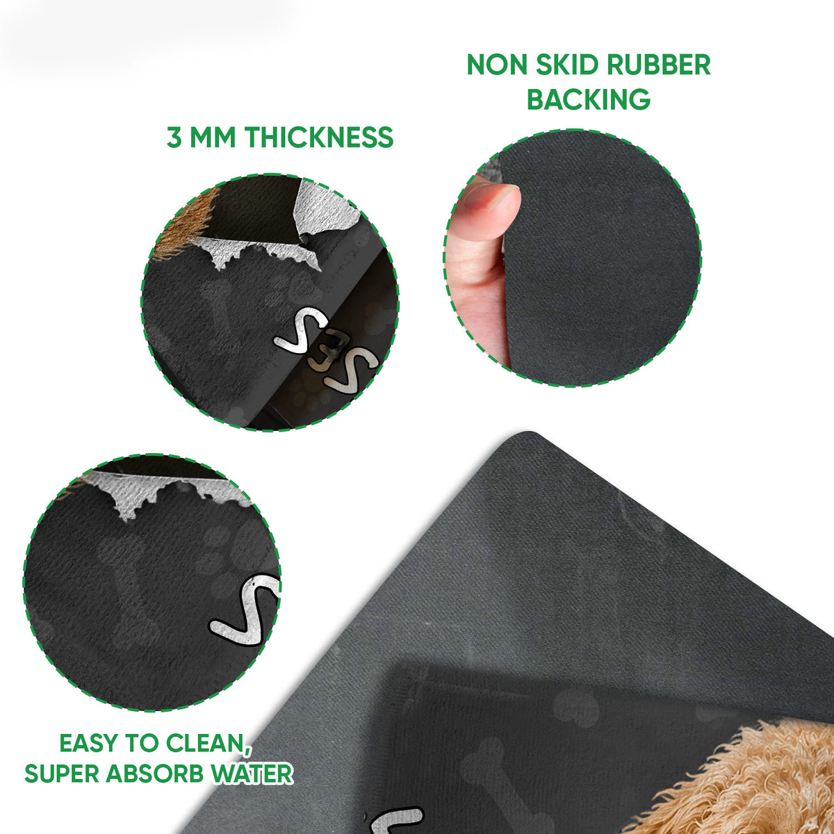 Close-up detail of the Goldendoodle doormat surface and rubber backing with paw print artwork